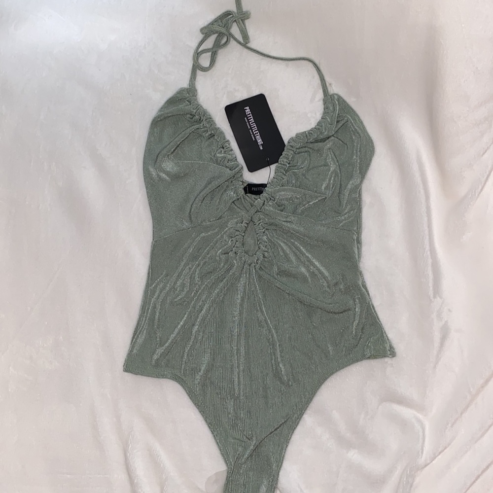 Sage Green Slinky Ruched Cross Over Halterneck Cut Out Bodysuit